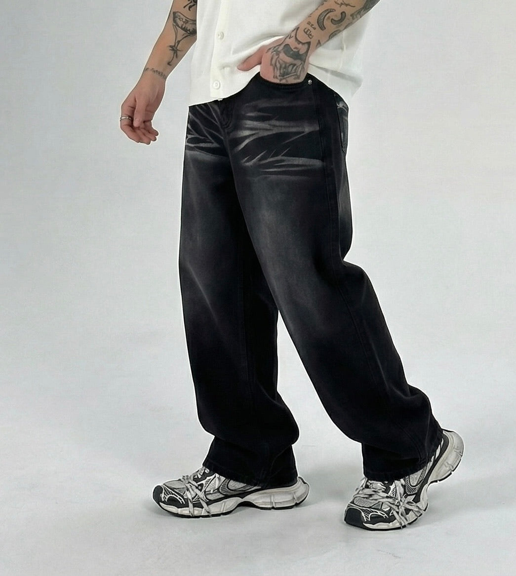 Jeans Baggy Wide-Leg Spray Effect Nero
