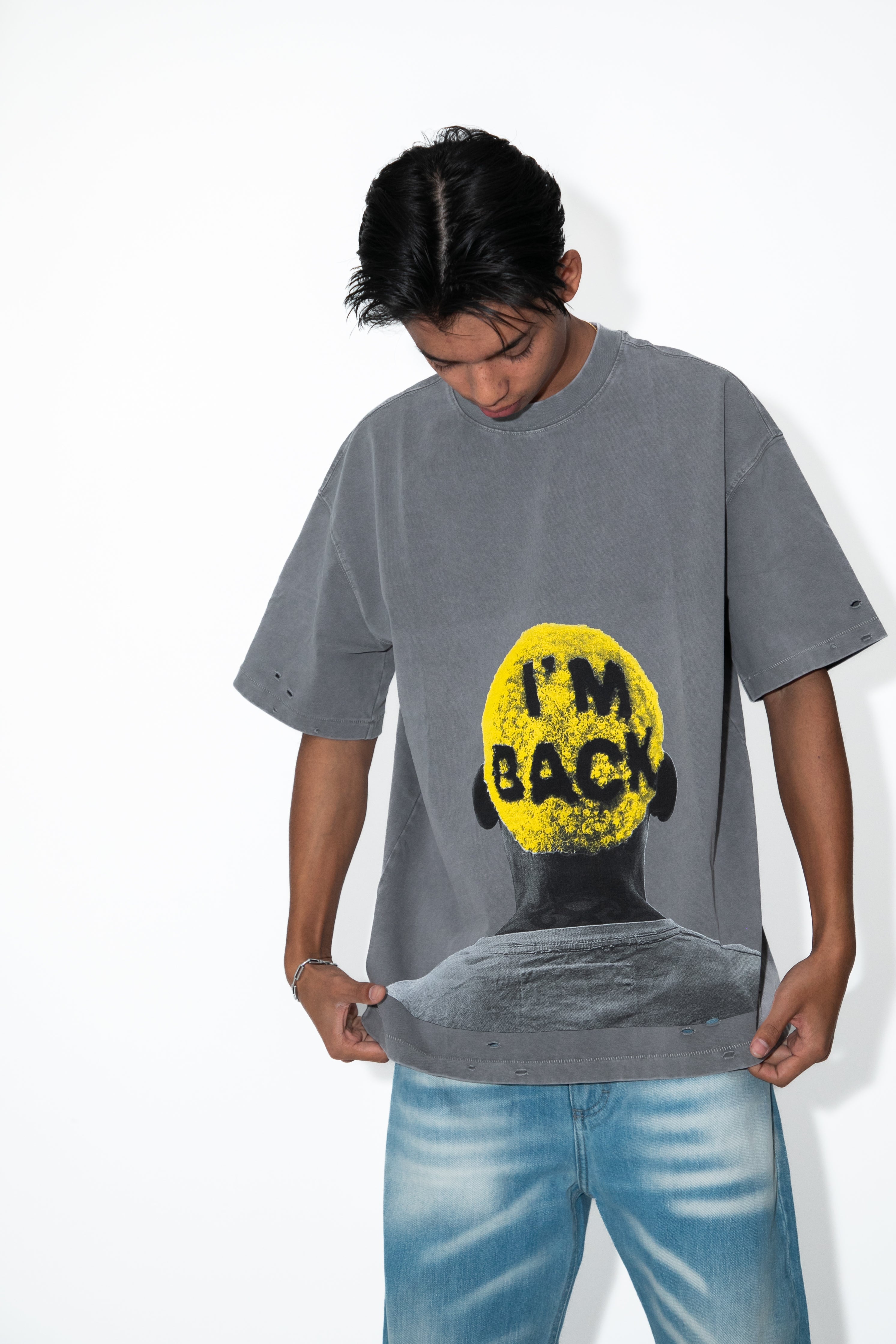 T-shirt piombo stampa “I’M BACK”