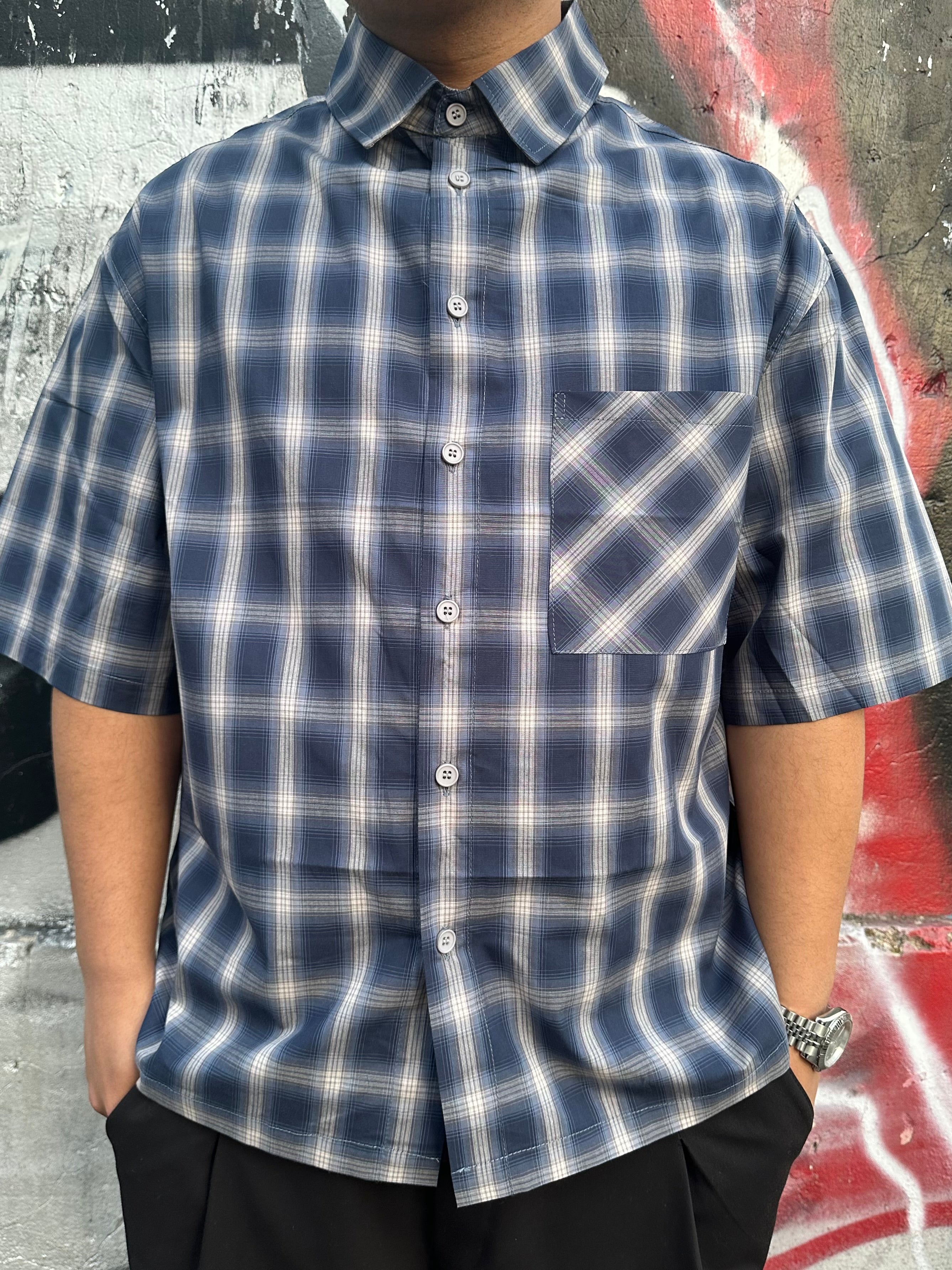 camicia multi-line short blu