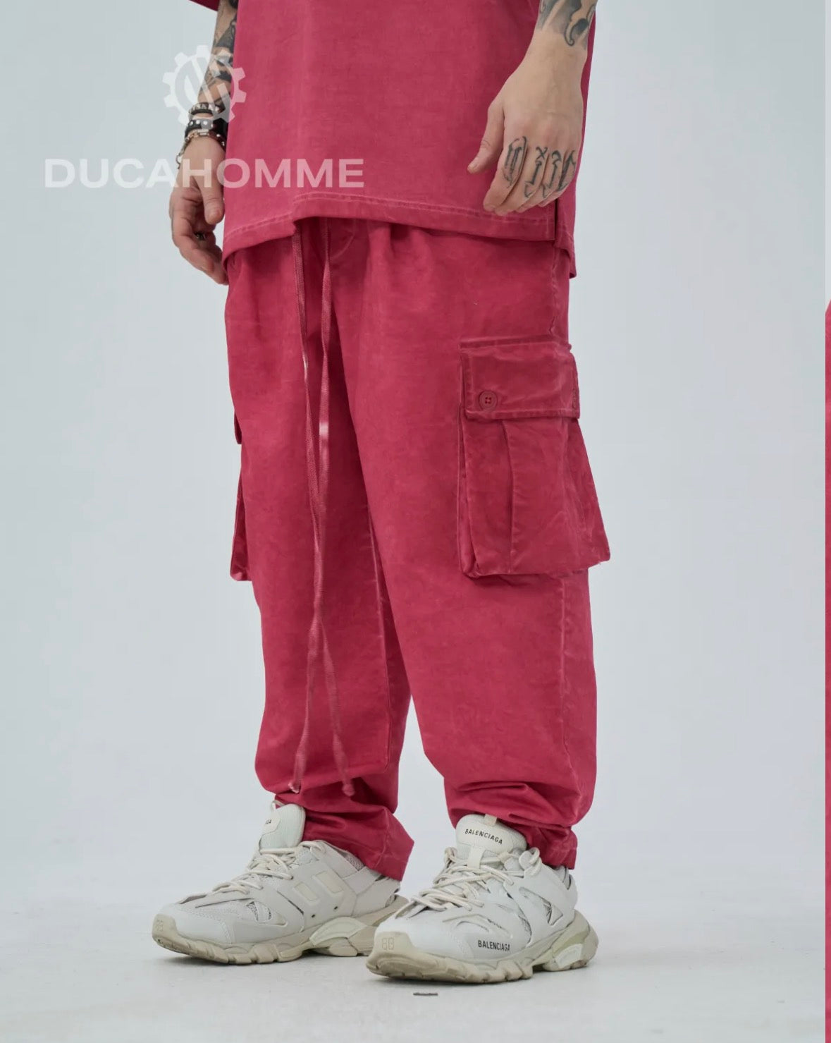 pantaloni cargo oversize washed magenta